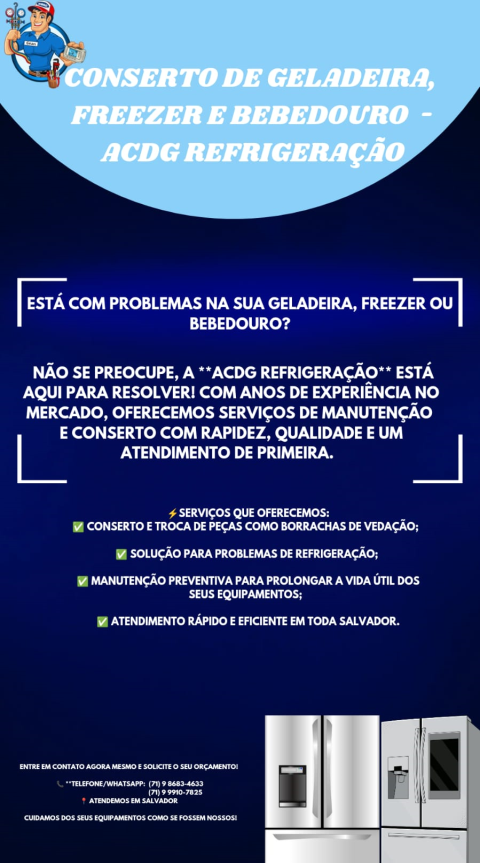 Serviços de reparo em refrigeradores, freezers e bebedouros